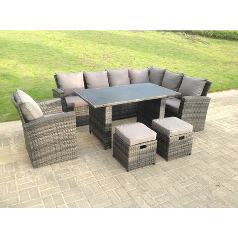 Fimous 9 Seater High Back Rattan Garden Furniture Set Corner Sofa With Black Tempered Glass Dining Table Footstool With Chair (1/4)