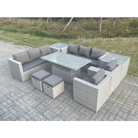Fimous Rattan Garden Funiture Set Adjustable Rising Lifting Table Sofa Dining Set Lounge Chair 2 Side Table Stool