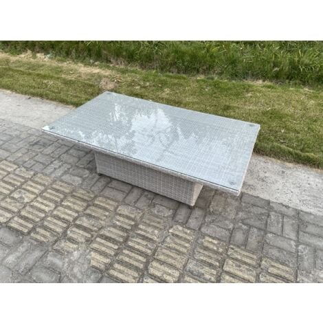 Fimous Rattan Garden Funiture Set Adjustable Rising Lifting Table Sofa Dining Set Lounge Chair 2 Side Table Stool