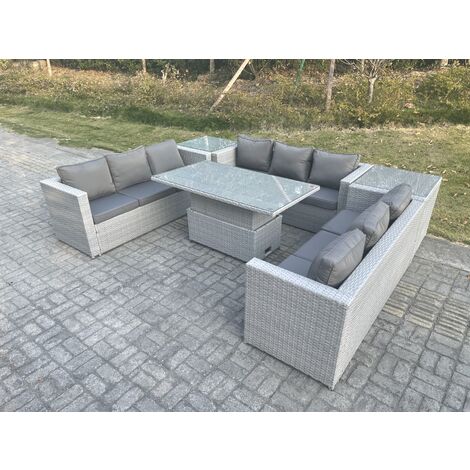 Fimous U Shape Lounge Rattan Garden Furniture Set Adjustable Rising Lifting Table Dining Set With 2 PC Side Coffee Tea Table Stool (1/3)
