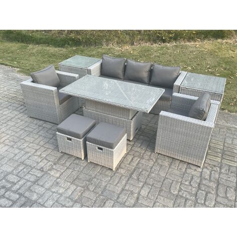 Fimous Rattan Garden Funiture Set Adjustable Rising Lifting Table Sofa Dining Set With 2 Arm Chair 2 Side Table Stools (1/4)