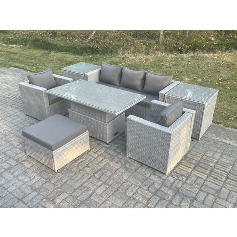 Fimous Rattan Garden Funiture Set Adjustable Rising Lifting Table Sofa Dining Set With 2 Arm Chair 2 Side Table Footstool (1/4)