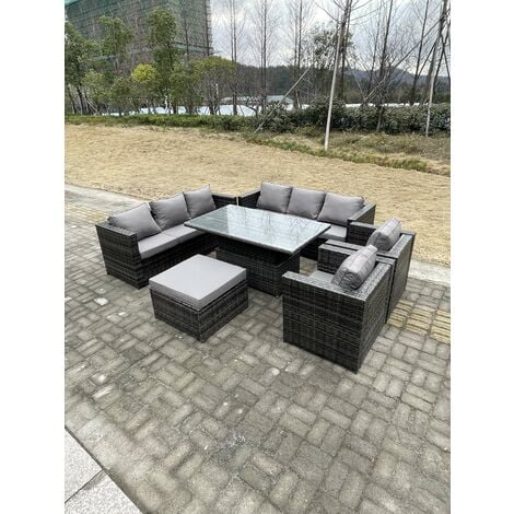 Fimous 9 Seater Outdoor Rattan Garden Furniture Set Adjustable Rising Lifting Dining Table With Chairs Footstool Dark Grey Mixed