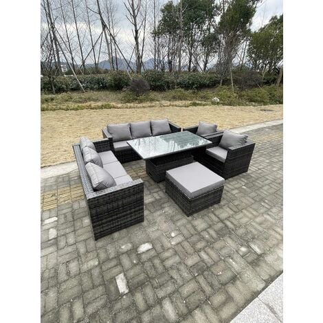 Fimous 9 Seater Outdoor Rattan Garden Furniture Set Adjustable Rising Lifting Dining Table With Chairs Footstool Dark Grey Mixed