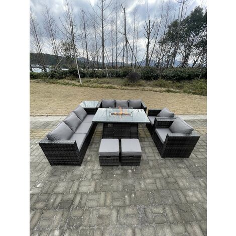 Fimous 10 Seater Outdoor Lounge Rattan Sofa Set Garden Furniture Gas Firepit Set Dining Table With Chair Coffee Table Stools Dark Grey Mixed