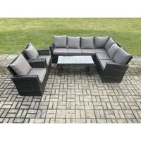 Fimous 8 Seat Rattan Garden Furniture Corner Sofa Set Outdoor Patio Sofa Chair Table Set with Cushions Dark Grey Mixed