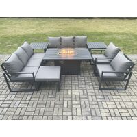 Fimous Aluminium Outdoor Garden Furniture Set Patio Lounge Sofa Gas Fire Pit Dining Table Set with Big Footstool 2 Side Tables Dark Grey
