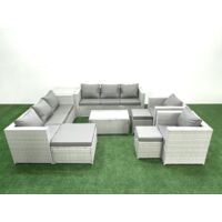 Fimous Outdoor Rattan Sofa Garden Furniture Set with 2 Armchairs Oblong Coffee Table 3 Footstools Side Table Light Grey Mixed
