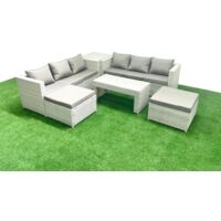 Fimous 8 Seater Garden Outdoor Rattan Furniture Set Rattan Garden Sofa Oblong Coffee Table with 2 Big Footstools Side Table Light Grey Mixed