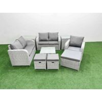 Fimous High Back Poly Rattan Garden Furniture Set with Reclining Chair Loveseat Sofa Square Coffee Table Indoor Outdoor Patio Set 3 Stools 2 Side Table Light Grey