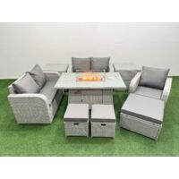 Fimous High Back Poly Rattan Garden Furniture Set with Reclining Chair Loveseat Sofa Firepit Dining Table Indoor Outdoor Patio Set 3 Stools 2 Side Table Light Grey
