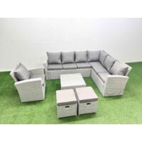 Fimous Rattan Garden Outdoor Furniture Set 9 Seater Rattan Garden Sofa Set with Armchair 2 Small Footstools Light Grey Mixed