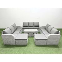 Fimous Outdoor Garden Furniture Set PE Rattan 3 Seater Sofa Set with Oblong Coffee Table 4 Footstools Light Grey