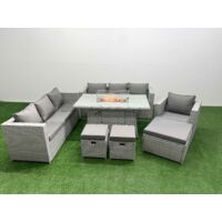 Fimous 10 Seat PE Rattan Lounge Sofa Set Outdoor Garden Furniture Set with Firepit Dining Table 3 Seater Sofa 3 Stools Light Grey