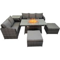 Fimous Garden Outdoor Rattan Furniture Set Rattan Love Sofa 3 Seater Sofa with 2 Big Footstools Side Table Dark Grey Mixed