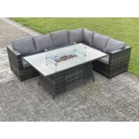 Oudoor Rattan Garden Right Corner Furniture Gas Fire Pit Table Sets Lounge Dark Grey 6 seater