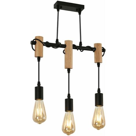 Leuchtenköpfen aus Rustikale schwarzem mit Leuchtmittel - ohne drei Holz für COMELY E27-Fassungen Hängeleuchte