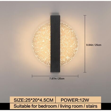 COMELY Wandleuchte LED 12W, Moderne Wandlampe aus Aluminium, Schwarz, Runde Innenwandlampe aus Acryl für Wohnzimmer, Schlafzimmer, Treppe, Flur - Dimmbar 3000K/4500K/6500K