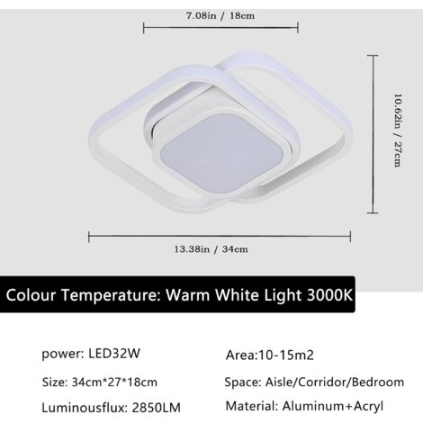 COMELY Moderne LED-Deckenleuchte 32W mit doppeltem Quadrat, für Wohnzimmer, Schlafzimmer, Küche, Flur - Weiß - Warmweißes Licht 3000K - 15 cm Sumpf