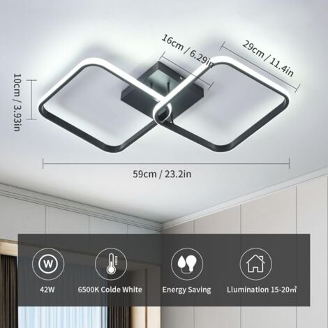 COMELY LED Deckenleuchte, 42W 4700LM, Quadratische Acryl Deckenlampe, Moderner Aluminium Lampenschirm 59CM für Küche, Esszimmer, Schlafzimmer - Schwarz - Weißes Licht 6500K