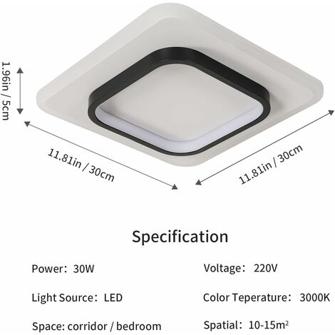 COMELY Moderne LED-Deckenleuchte aus quadratischem Acryl, schwarz und weiß, geeignet für Badezimmer, Wohnzimmer, Schlafzimmer, Küche und Flur - 30W - Warmweißes Licht 3000K