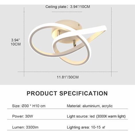 COMELY Plafonnier LED Moderne, Kreatives LED-Deckenleuchte aus Aluminium 30W, Pendelleuchte für Küche, Wohnzimmer, Schlafzimmer, Esszimmer - Weiß - Warmes Licht 3000K