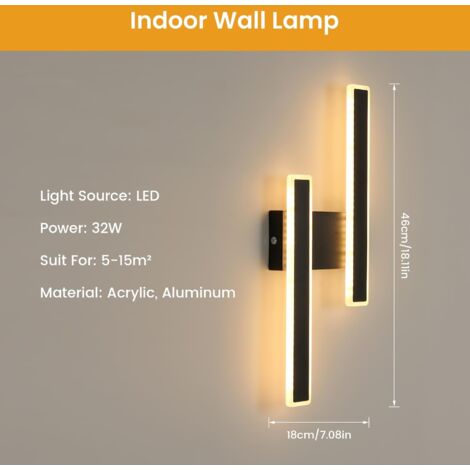 COMELY Innen LED Wandlampe 32W 3600LM Schwarz Moderne Wandlampe, LED Nachttischlampe für Wohnzimmer Schlafzimmer Büro Treppe Flur (Warmweißes Licht 3000K)