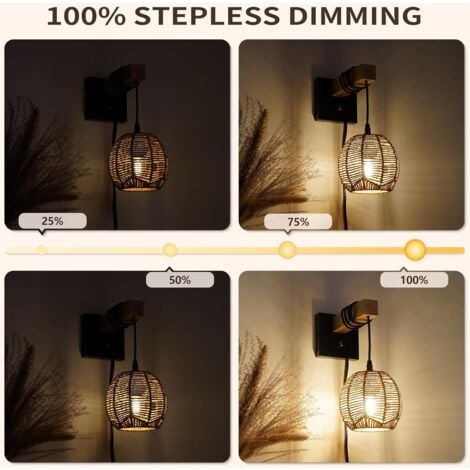 COMELY Innenwandlicht E27, Vintage Rattan -Wandleuchte mit Schalter, Holz- und Metallwandlampe für Wohnzimmer, Schlafzimmer, Korridor, Esszimmer (ohne Glühbirne)