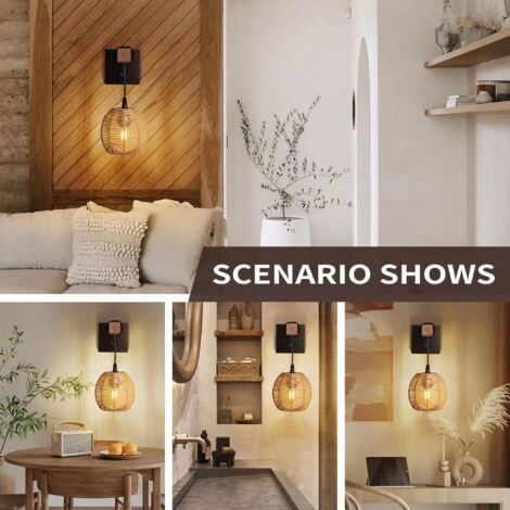 COMELY Innenwandlicht E27, Vintage Rattan -Wandleuchte mit Schalter, Holz- und Metallwandlampe für Wohnzimmer, Schlafzimmer, Korridor, Esszimmer (ohne Glühbirne)