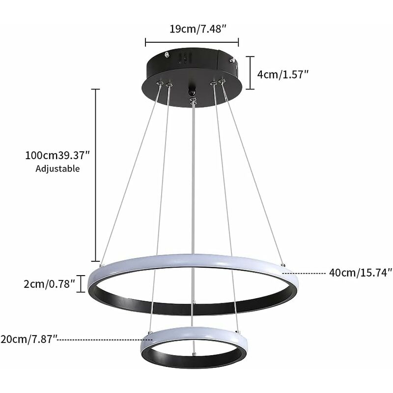 Lampadario circolare moderno a LED, lampada a sospensione regolabile 28W  6500K, plafoniera contemporanea a due cerchi diametro 40 cm (luce bianca  itedda)