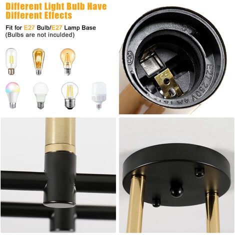 COMELY Lampada da soffitto industriale vintage, lampada da soffitto a 2 luci E27, lampada da soffitto fai da te per soggiorno, camera da letto, cucina, nero e oro (senza lampadine)