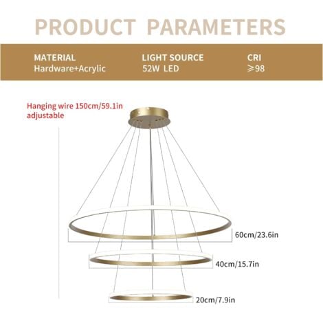COMELY Lampadario Moderno a LED, 3 Anelli (20+40+60cm), Lampadario LED 3000k / 4500k / 6500k 3 Colori, Altezza Regolabile, per Tavolo da Pranzo, Salotto, Sala da Pranzo, Camera da Letto - Oro