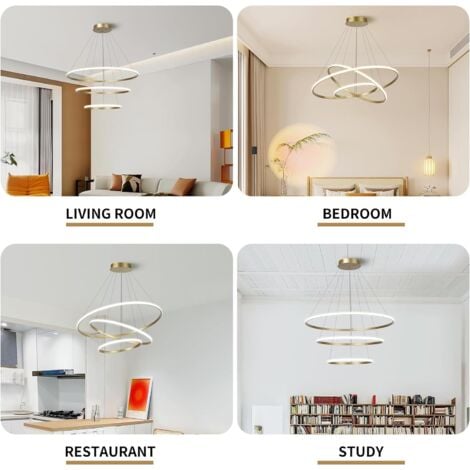 COMELY Lampadario Moderno a LED, 3 Anelli (20+40+60cm), Lampadario LED 3000k / 4500k / 6500k 3 Colori, Altezza Regolabile, per Tavolo da Pranzo, Salotto, Sala da Pranzo, Camera da Letto - Oro