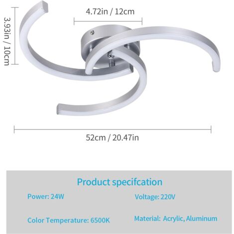 COMELY Plafoniera LED Moderna, Lampada 24W 52cm, Design Elicoidale per Soggiorno Camera Cucina - Argento - Luce Bianca 6500K