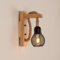 COMELY Applique Murale Rustica in Legno Stile Vintage, Paralume a Gabbia in Metallo Nero E27, Applique Murale Interna in Legno con Corda di Canapa per Camera da Letto, Soggiorno (Lampadina non Inclusa