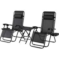 Set of 3 Sun Lounger for Garden, Reclining and Folding Zero Gravity Chair, Outdoor Garden Chairs Recliner with Table Holder, Cup and Phone Holder, Adjustable Backrest and Armrests (Black)