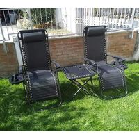Set of 3 Sun Lounger for Garden, Reclining and Folding Zero Gravity Chair, Outdoor Garden Chairs Recliner with Table Holder, Cup and Phone Holder, Adjustable Backrest and Armrests (Black)