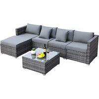 6 PCS Outdoor Rattan Corner Sofa Set, Rattan Garden Furniture Set with Glass Coffee Table, Seat Cushions, Back Cushions and Pillows, Patio Sofa Set for Backyard, Lawn, Patio, Porch (Gray)