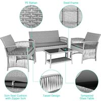 4pcs Garden Rattan Furniture Set Outdoor Patio Sofa Table Set Garden Conversation Chairs Sofa Set with Tempered Glass Table, Grey