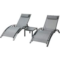 Sun Loungers Set of 3 Aluminum Textilene Sun Loungers Garden Chair Recliner Outdoor with Table 4 Levels Adjustable Backrest and Pillows, for Garden Patio Beach