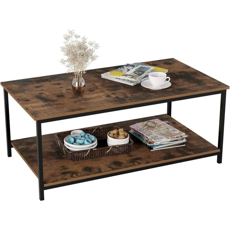 Mesa de Centro Mesa Auxiliar Salón Mesa de Café Mesa Metálica y Madera con 2 Niveles Diseño Industrial Negro y Vintage 108x52x45cm