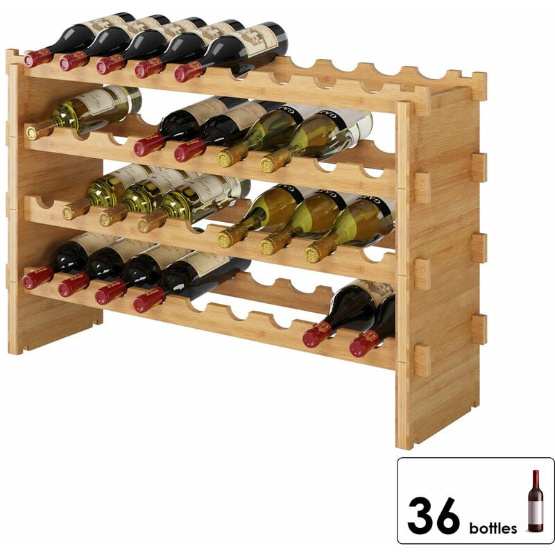 Botellero Apilable de Madera de Bambú para 36 Botellas de Vino Estante para Botellas de Vino Organizador de Vino 85x21x57cm