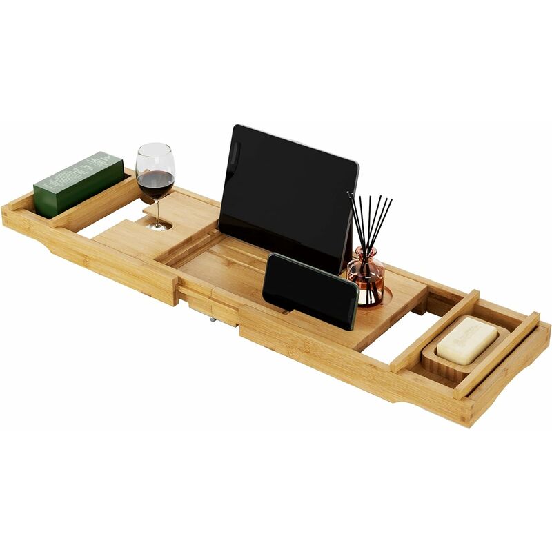 Bandeja de Ba?era Extensible Estante para Ba?era para Tabletas Libros y Teléfono Móvil con Bandeja de Jabón y Soporte para Copas de Vino de Bambú Longitud Ajustable 73.3-105 x 23 x 4.5 cm