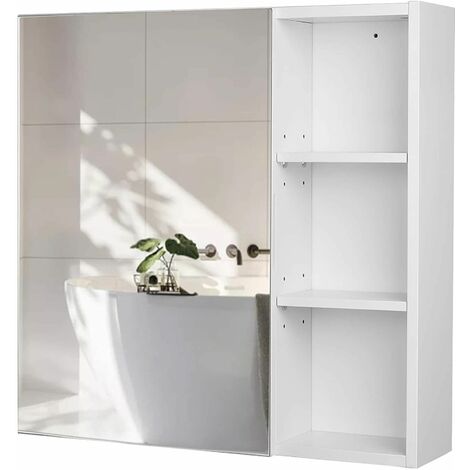 Armario con espejo con 3 estantes armario baño de pared, madera, blanco, 60x60x13,5