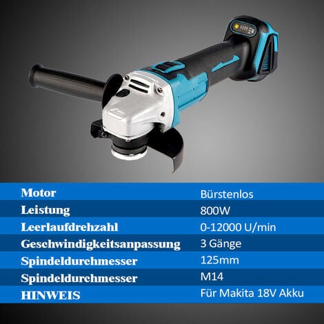 - Winkelschleifer 18V ONEVAN Winkelschleifer Makita Elektrowerkzeug Für Blau bürstenloses Ø125mm - Kabelloses