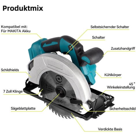 Akku Kreissäge-ONEVAN  18V 180mm Handkreissäge Für Makita 18V Akku  - mit 3 Sägeblättern(ohne Batterie)