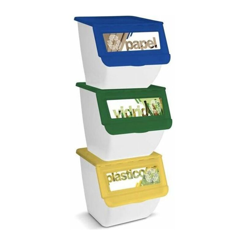 BRAVO HOME Juego de 3 cubos de reciclaje apilables 36L (papel - vidrio -  plástico) 39x39x36 cm Ideal