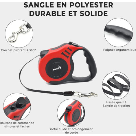 MaxxPet Laisse pour chien rétractable - Laisse pour chien 5 mètres - Laisse pour chien avec bouton de frein - jusqu'à 15 kg - Rouge