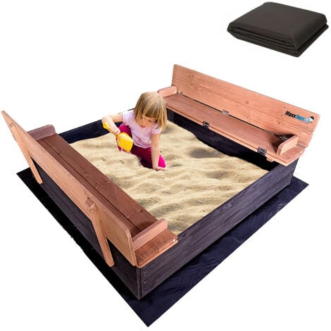 MaxxToys Bac à sable verrouillable avec 2 bancs et toile de sol - Bois imprégné - 100 x 95 cm
