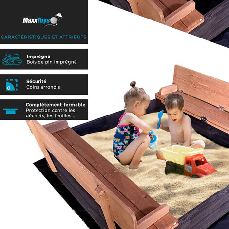 MaxxToys Bac à sable verrouillable avec 2 bancs et toile de sol - Bois imprégné - 100 x 95 cm